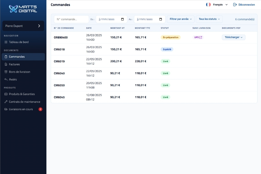 Extranet onglet "Commandes"